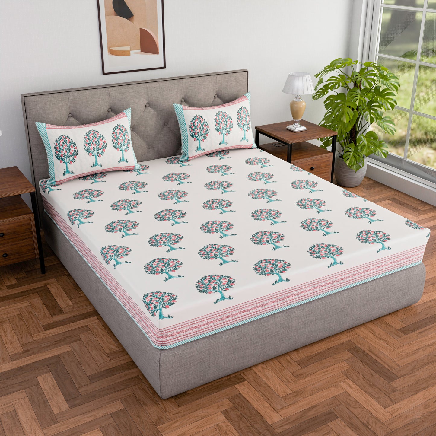 Cotton hand block printed king size bedsheet with pillow covers ( 100 x 108 inches) - Red Green Tree