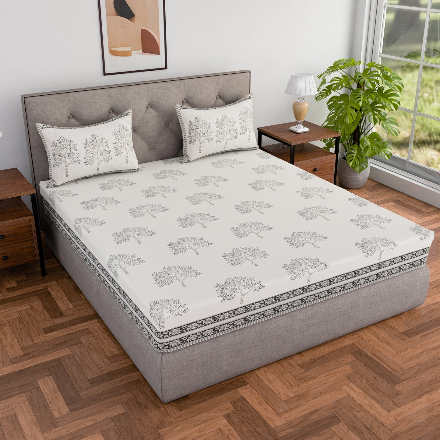 Cotton hand block printed king size bedsheet ( 100 x 108 inches) - Grey Tree