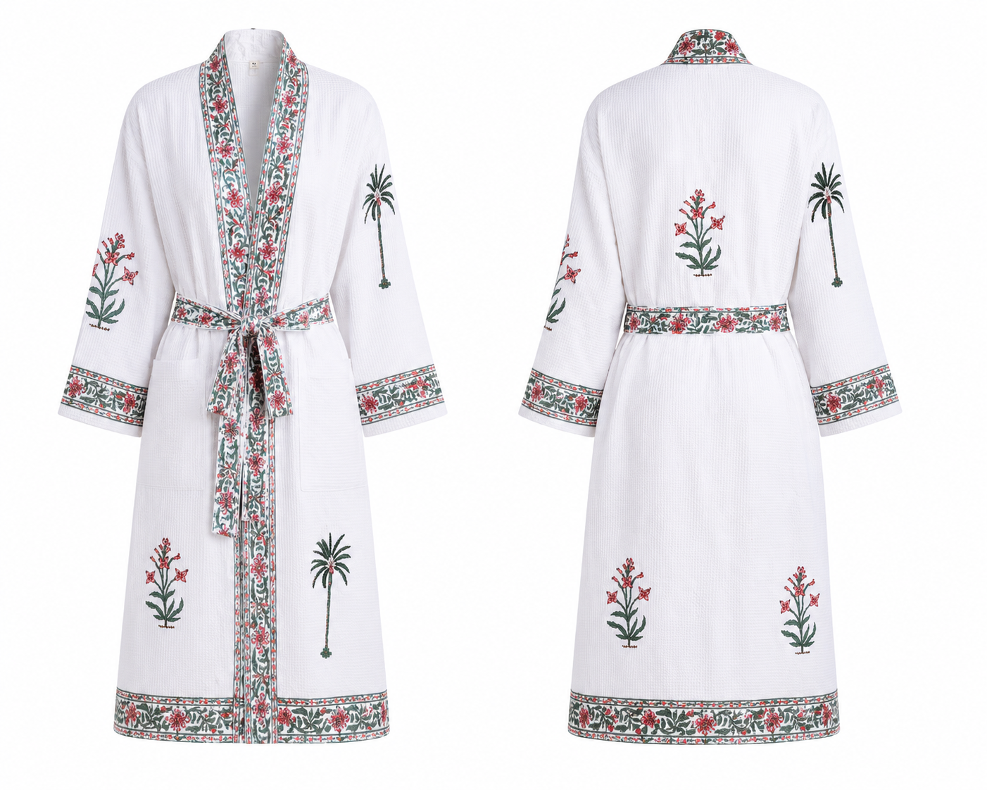 Jaipuri Handblock cotton Bathrobe | 100% Cotton Waffle | 2 Pockets I Green Pink Leaf