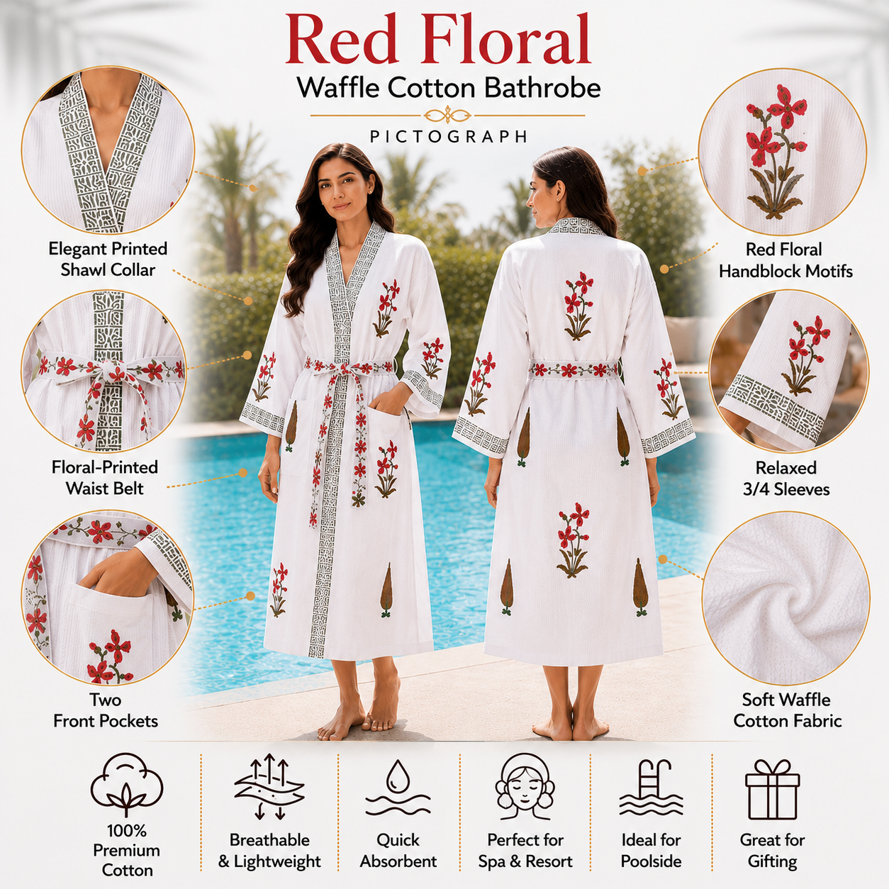 Jaipuri Handblock cotton Bathrobe | 100% Cotton Waffle | 2 Pockets I Red floral leaf