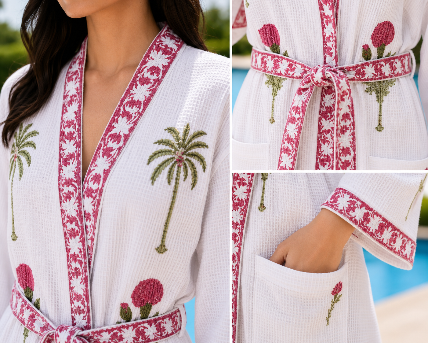 Jaipuri Handblock cotton Bathrobe | 100% Cotton Waffle | 2 Pockets I Green Palm Pink