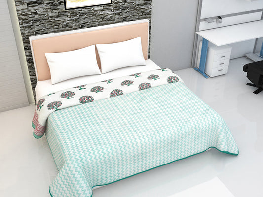 Block Printed Cotton Blanket - Double Dohar ( 90 x 108 Inches) - Red Green Tree