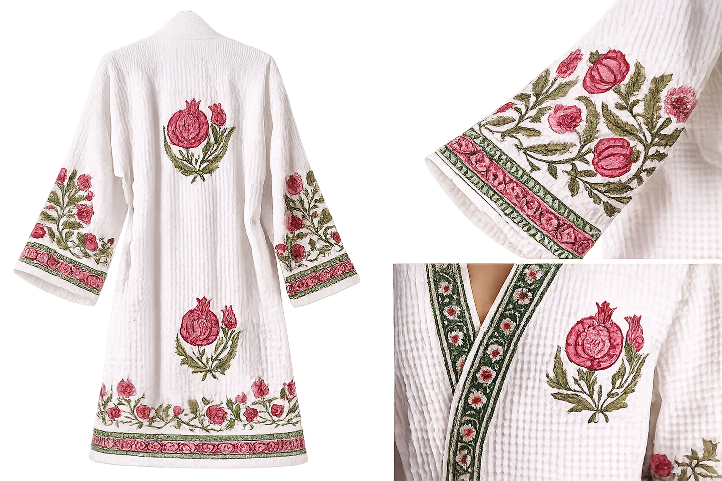 Jaipur Handblock Anar Boota Bathrobe | 100% Cotton Waffle | 2 Pockets