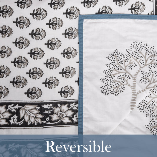 Block Printed Cotton Blanket - Double Dohar ( 90 x 108 Inches) - Grey Tree