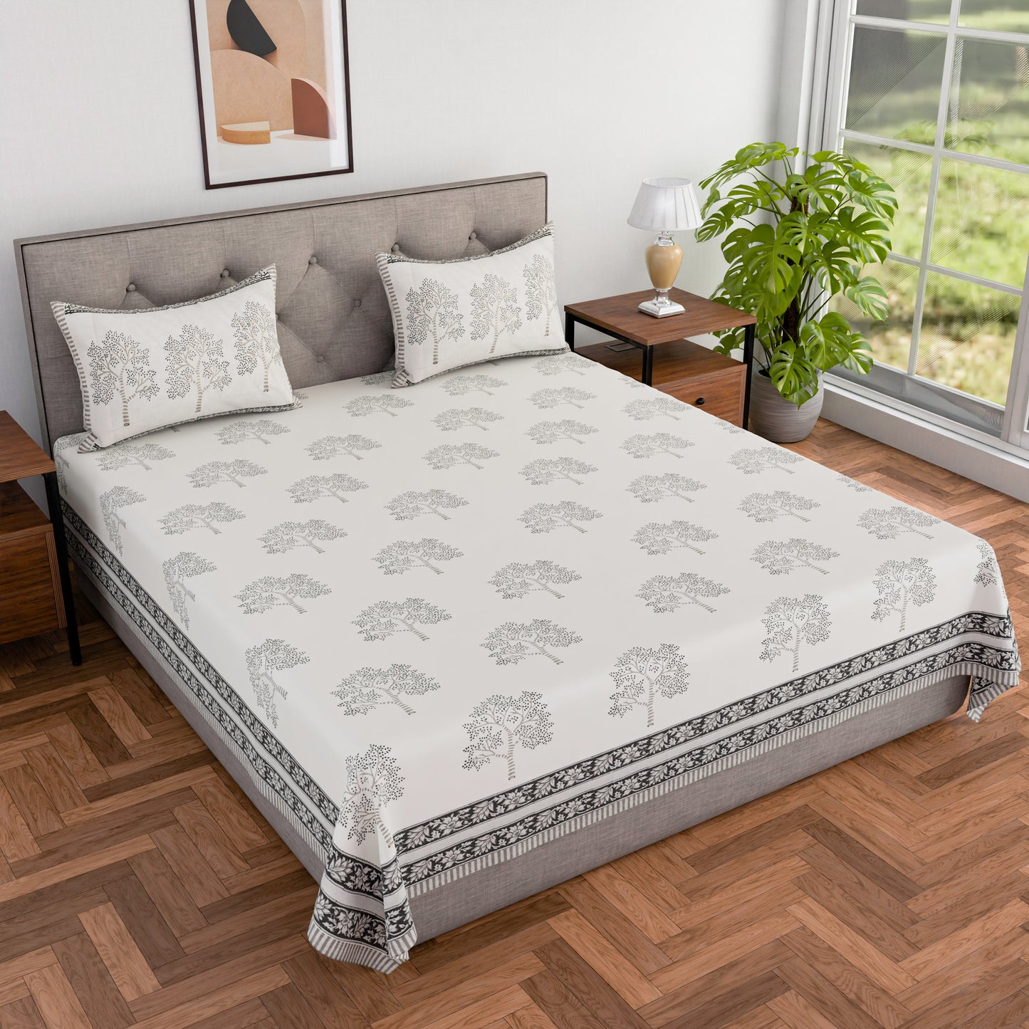 Cotton hand block printed king size bedsheet ( 100 x 108 inches) - Grey Tree