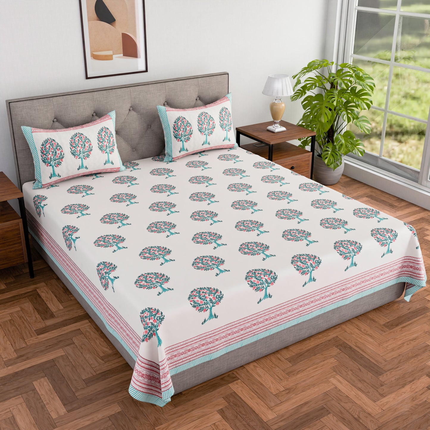 Cotton hand block printed king size bedsheet with pillow covers ( 100 x 108 inches) - Red Green Tree