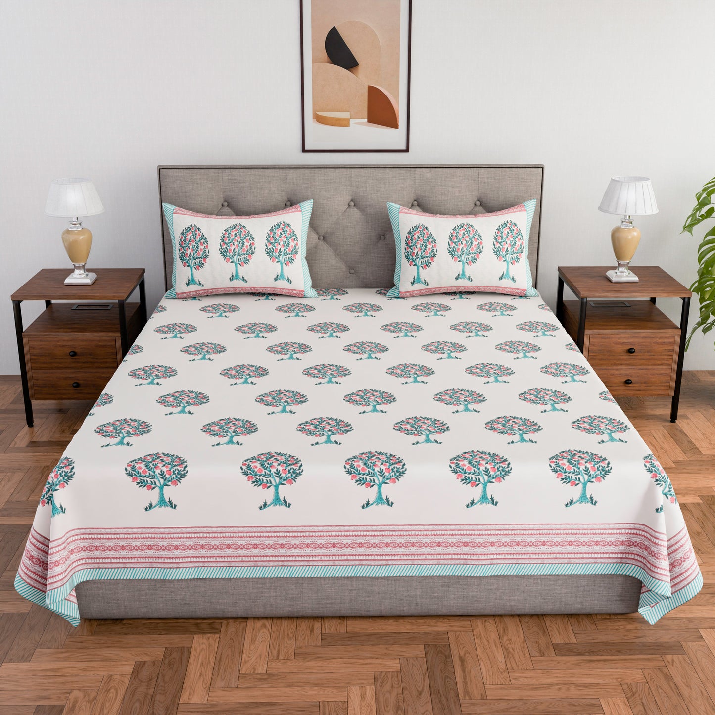 Cotton hand block printed king size bedsheet with pillow covers ( 100 x 108 inches) - Red Green Tree