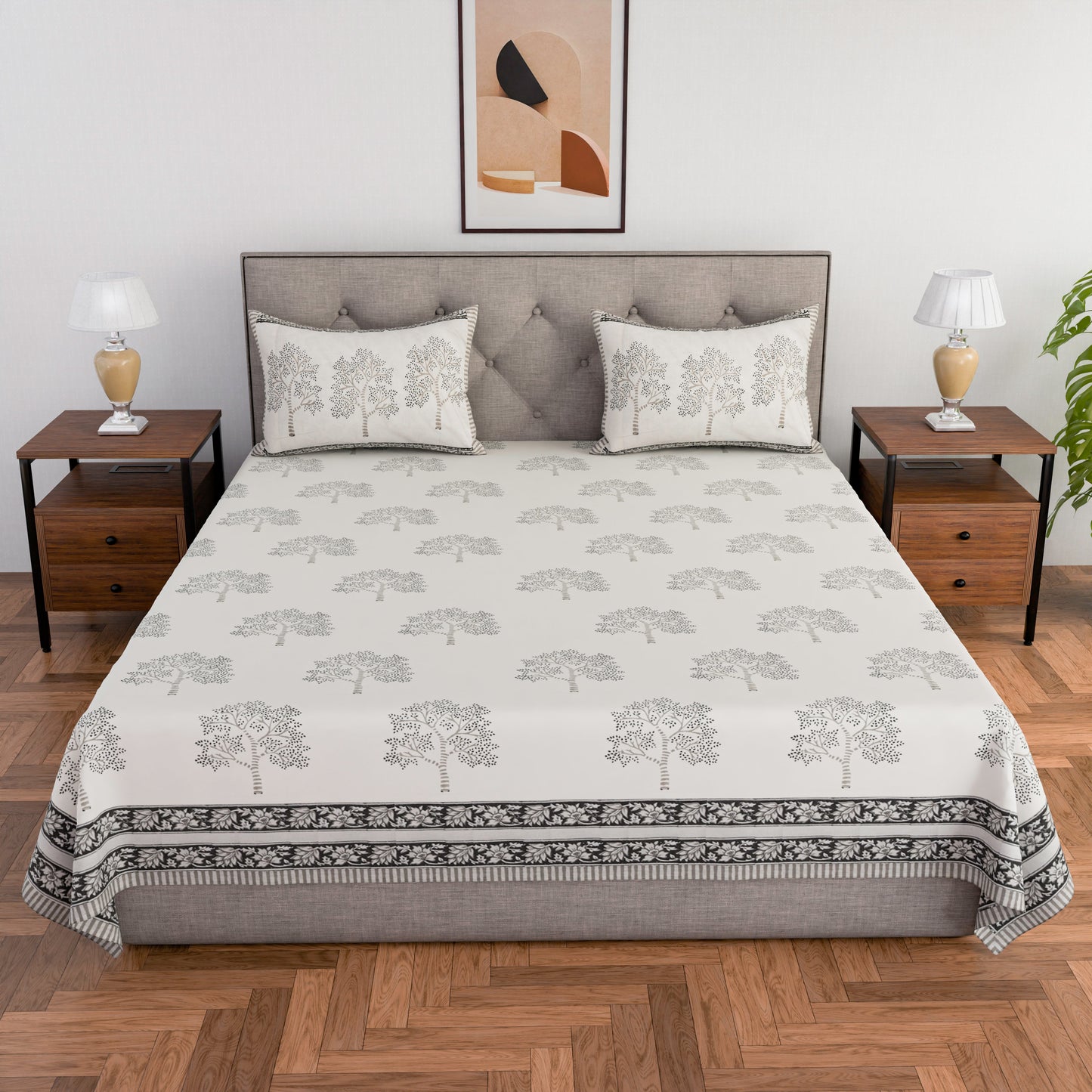 Cotton hand block printed king size bedsheet ( 100 x 108 inches) - Grey Tree