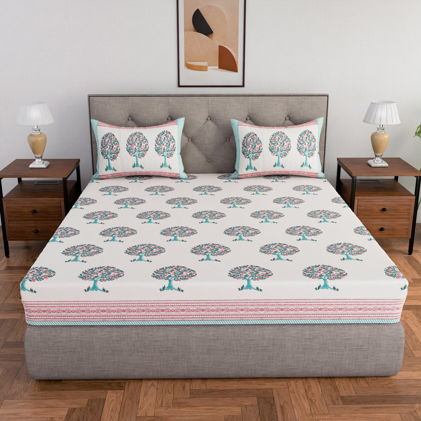 Cotton hand block printed king size bedsheet with pillow covers ( 100 x 108 inches) - Red Green Tree