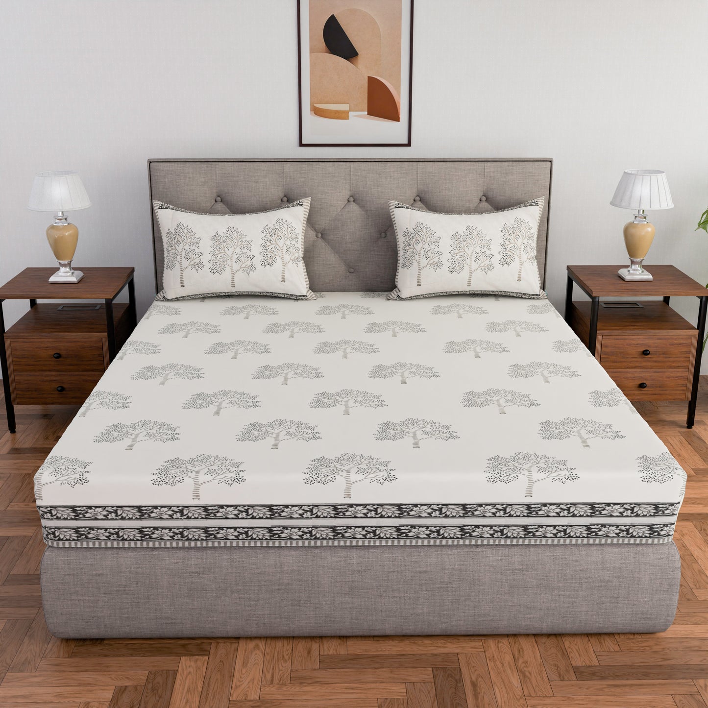Cotton hand block printed king size bedsheet ( 100 x 108 inches) - Grey Tree