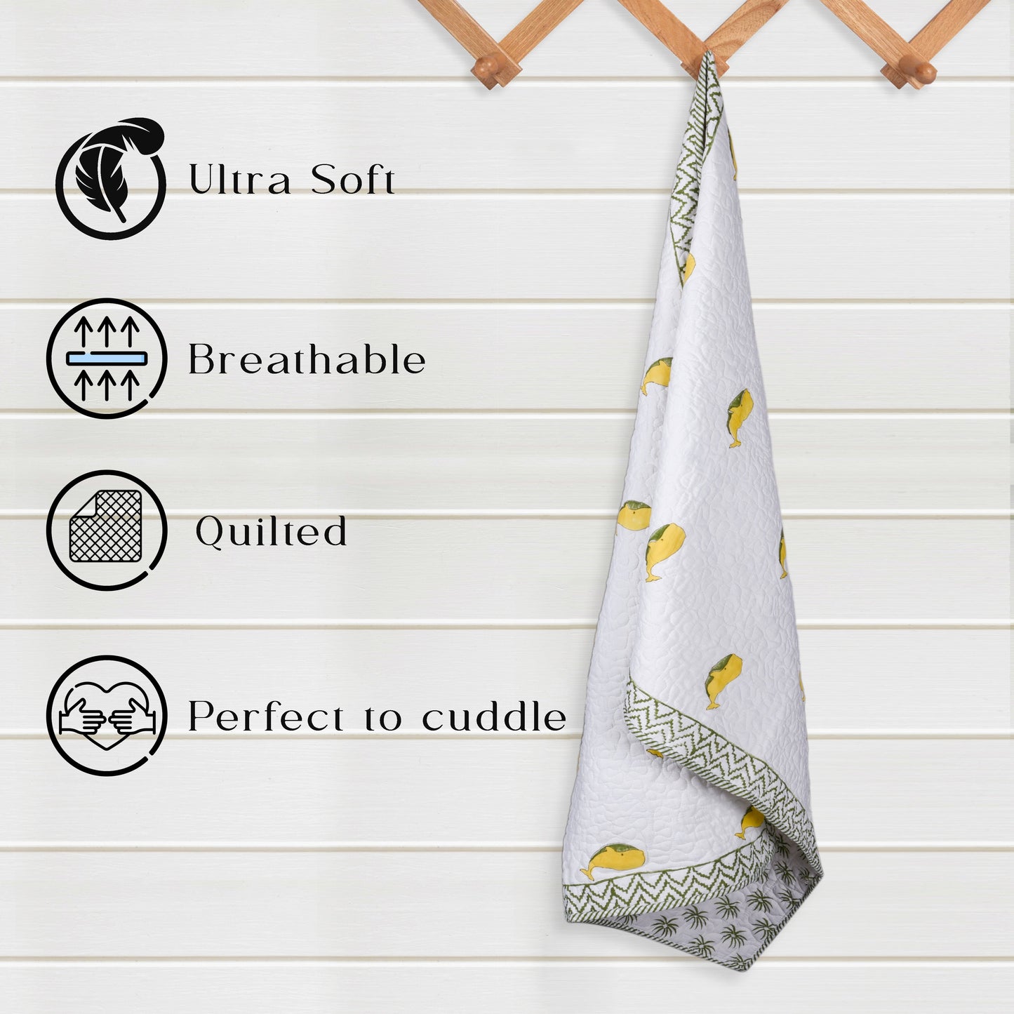 Hand Block Printed Cotton Baby Quilted blanket (light Rajai) – Quilted, 60x40 inches (100x150 cm) Green Yellow Dolphin
