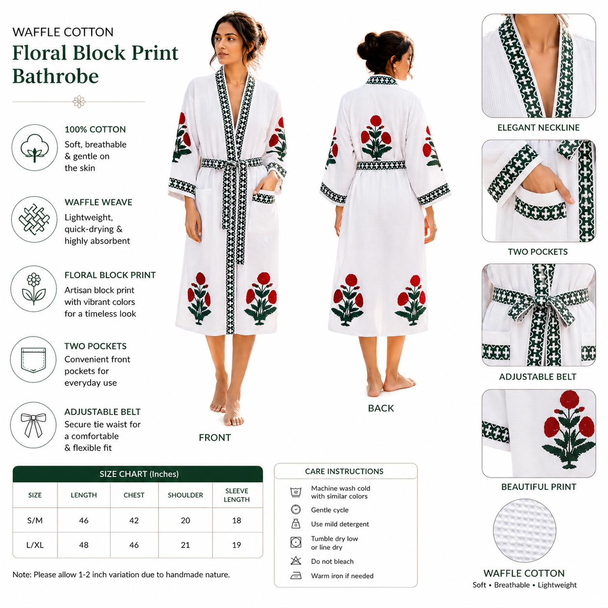 Jaipuri Handblock cotton Bathrobe | 100% Cotton Waffle  | 2 Pockets I Red Bouquet Big