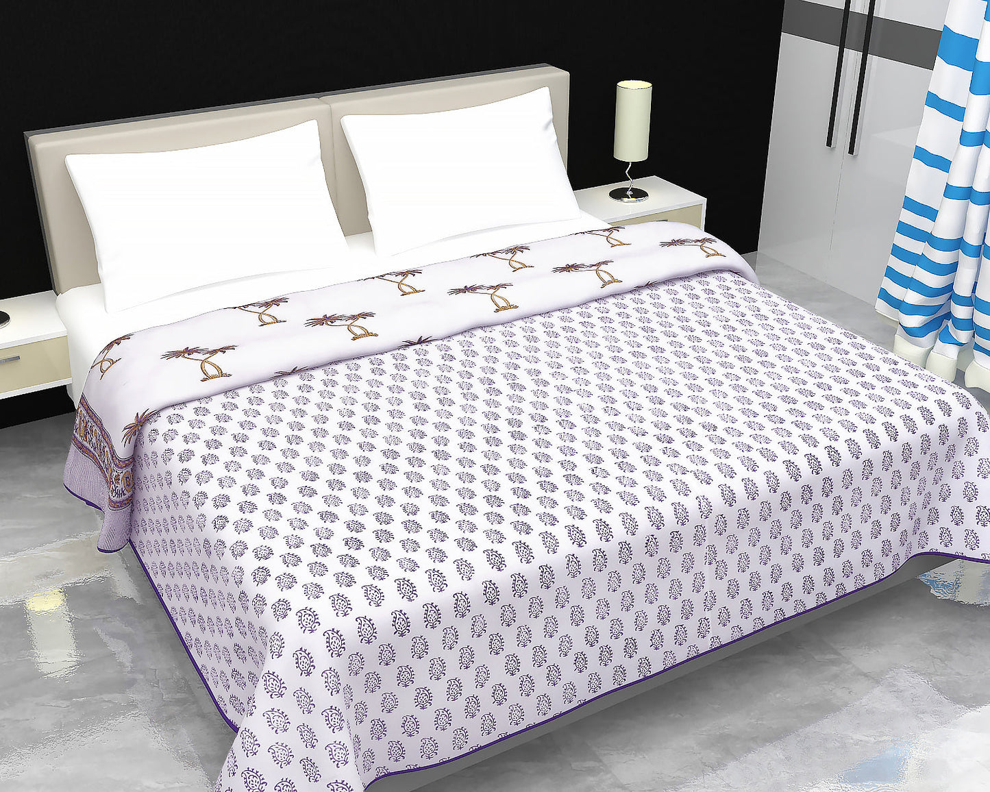 Block Printed Cotton Blanket - Double Dohar ( 90 x 108 Inches) - Orange Purple Palm