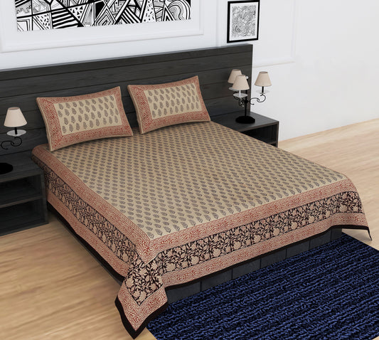 Cotton hand block printed king size bedsheet with pillow covers ( 100 x 108 inches) - Bagru Print