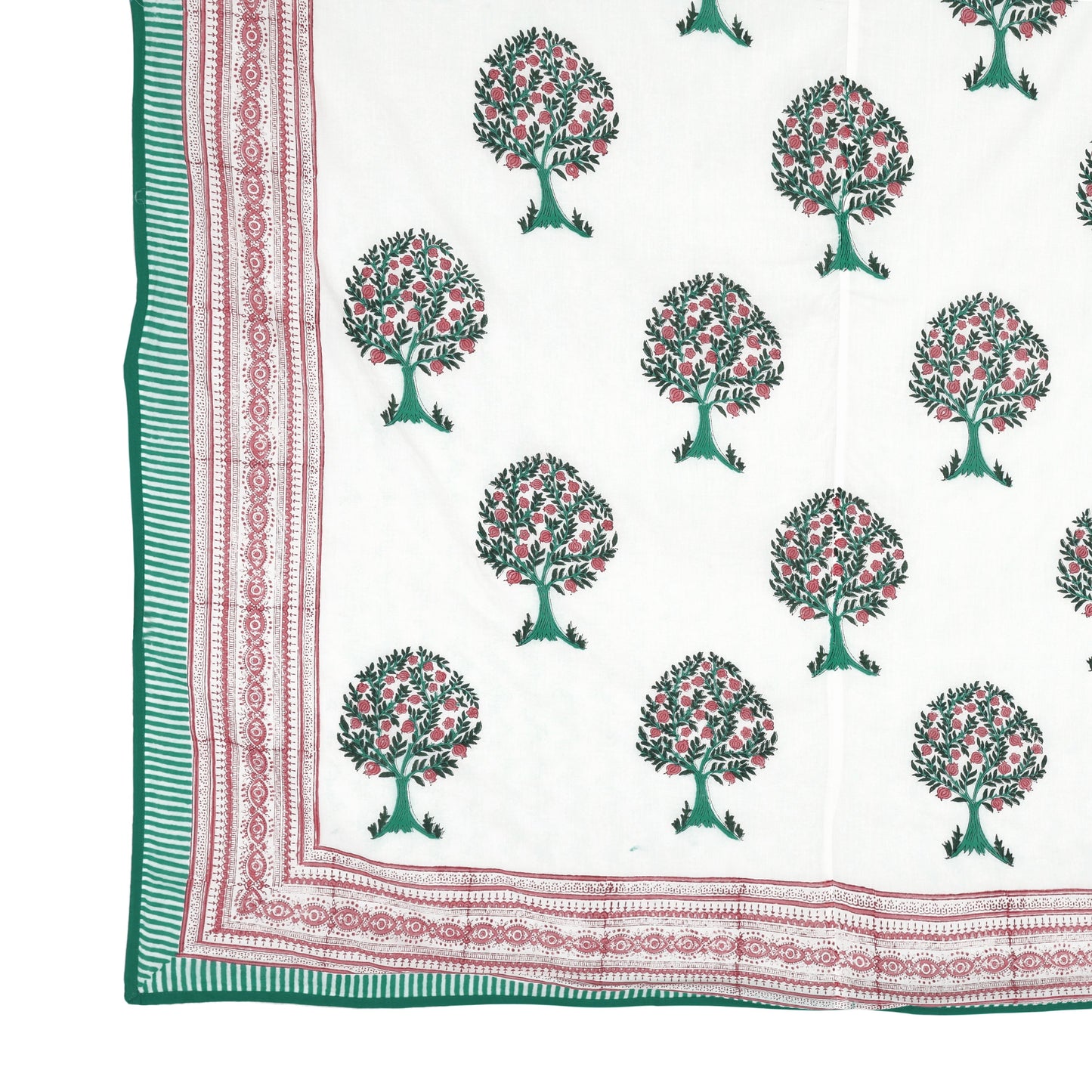 Block Printed Cotton Blanket - Double Dohar ( 90 x 108 Inches) - Red Green Tree