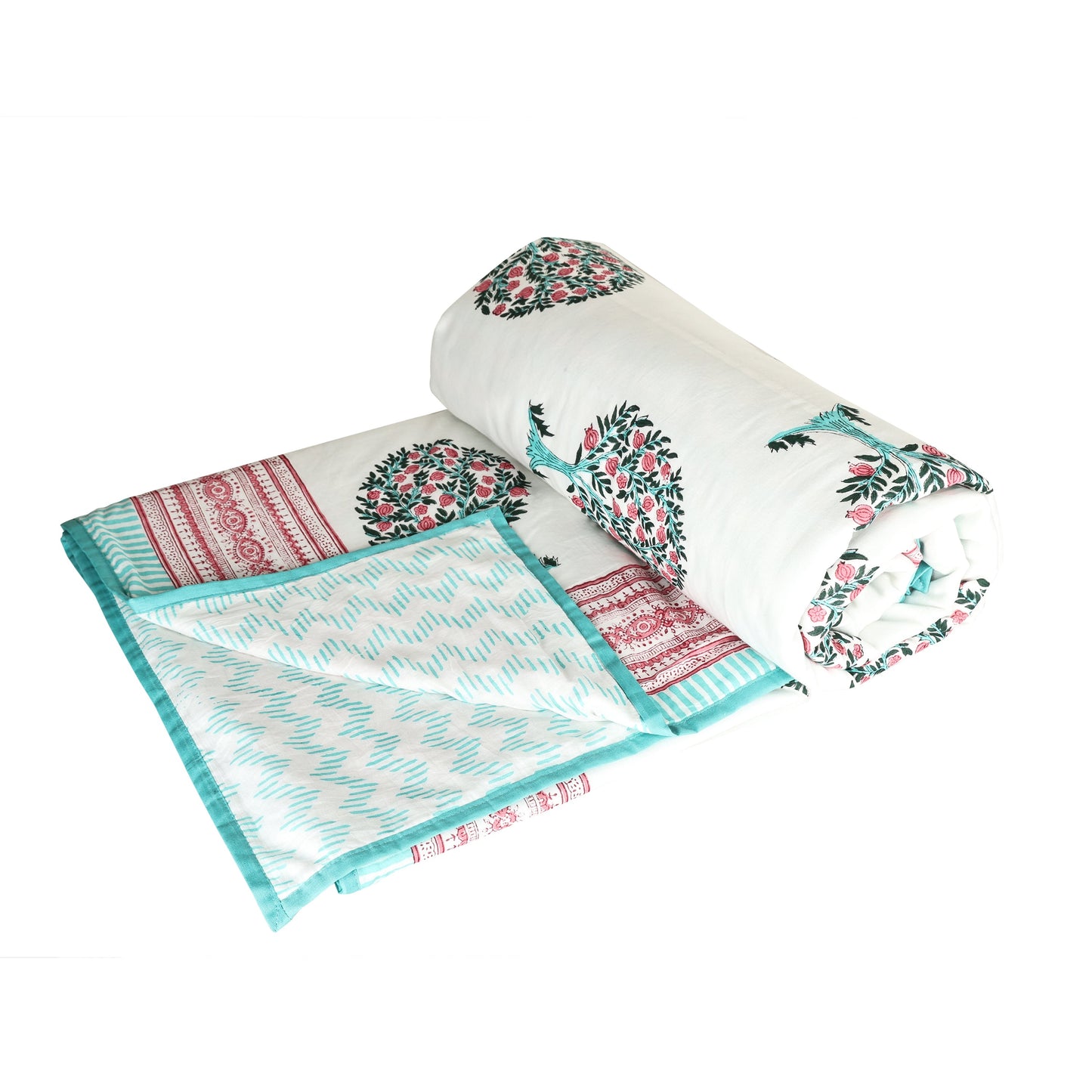 Block Printed Cotton Blanket - Double Dohar ( 90 x 108 Inches) - Red Green Tree