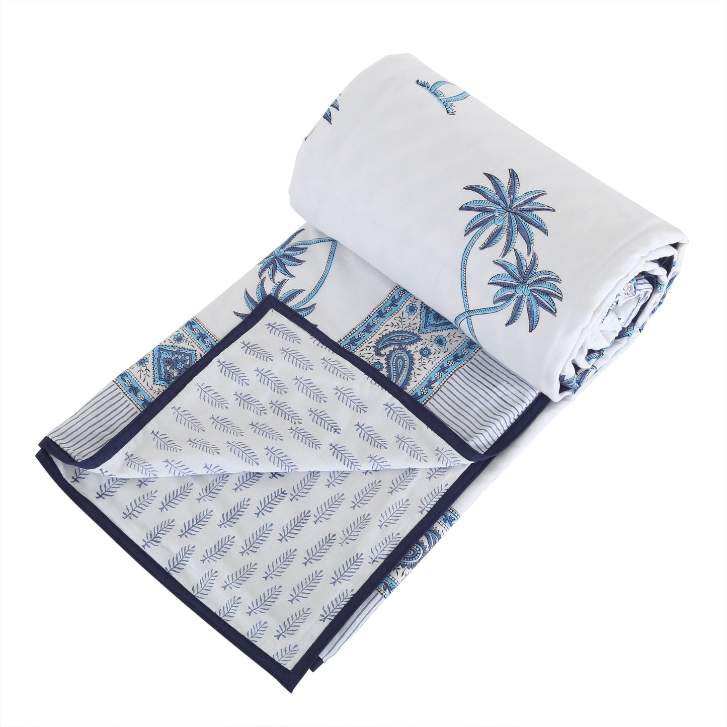 Block Printed Cotton Blanket - Double Dohar ( 90 x 108 Inches) - Blue Coconut Tree