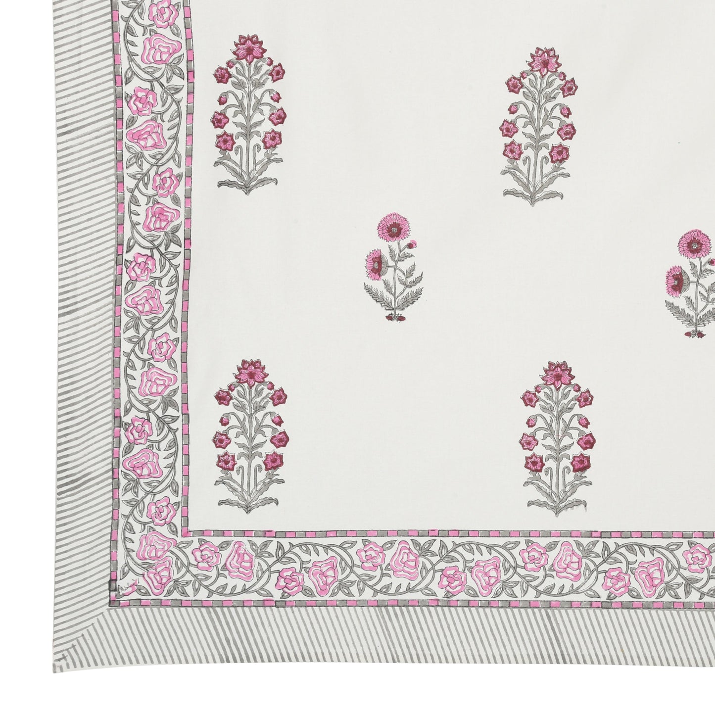 Cotton hand block printed king size bedsheet with pillow covers ( 100 x 108 inches) - Pink Grey Plant