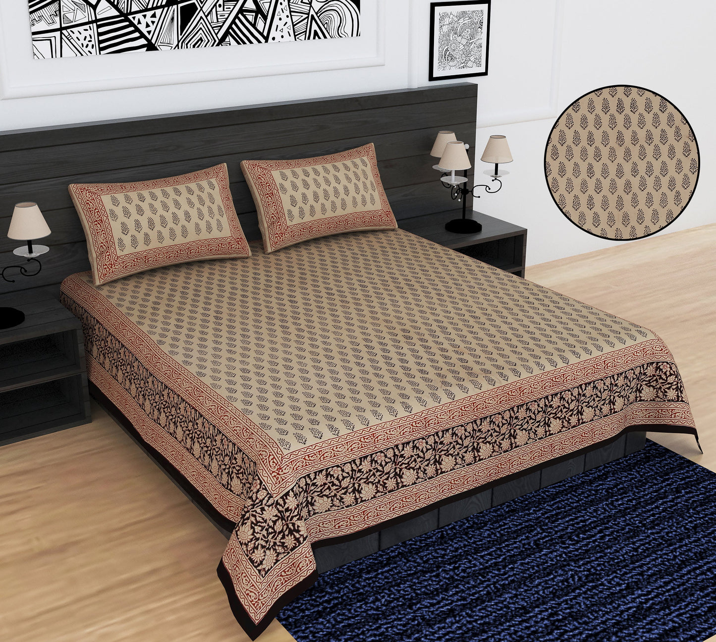 Cotton hand block printed king size bedsheet with pillow covers ( 100 x 108 inches) - Bagru Print