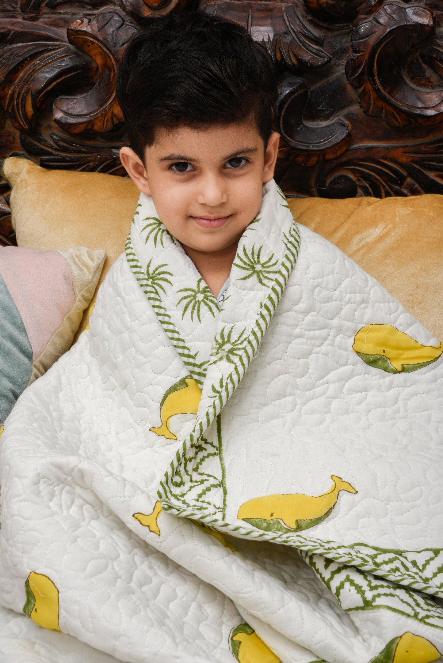Hand Block Printed Cotton Baby Quilted blanket (light Rajai) – Quilted, 60x40 inches (100x150 cm) Green Yellow Dolphin