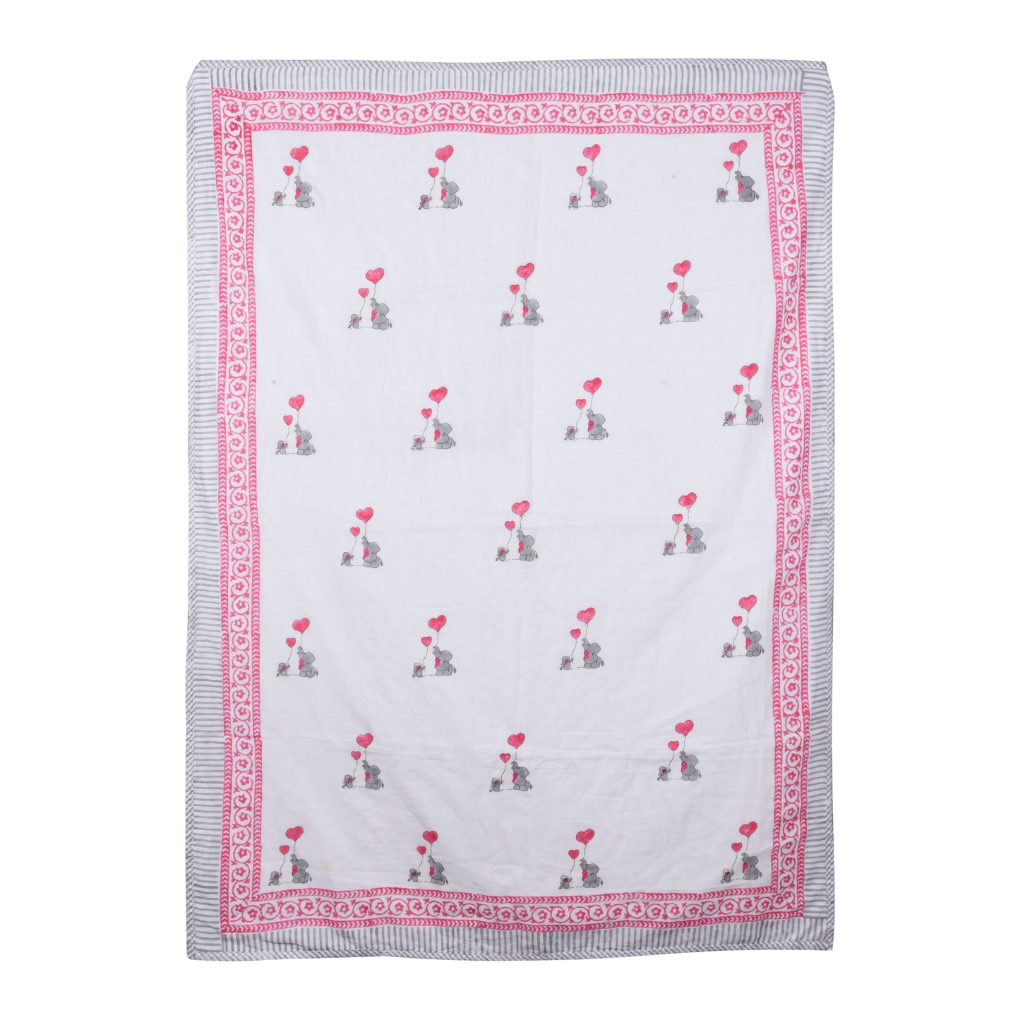 Hand Block Printed Cotton Baby dohar blanket, 60x40 inches (100x150 cm) (Pink Grey Baby Elephant)