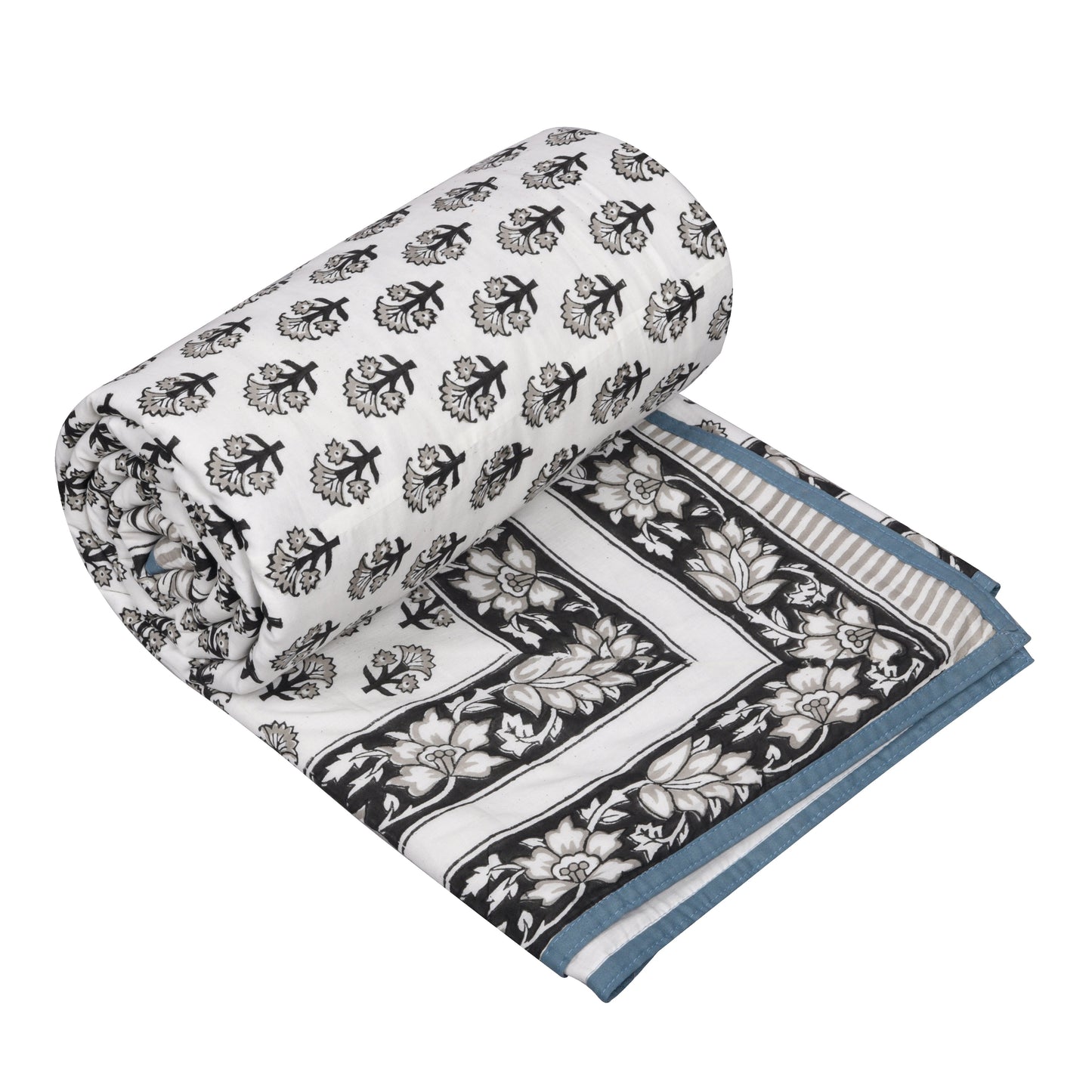 Block Printed Cotton Blanket - Double Dohar ( 90 x 108 Inches) - Grey Tree