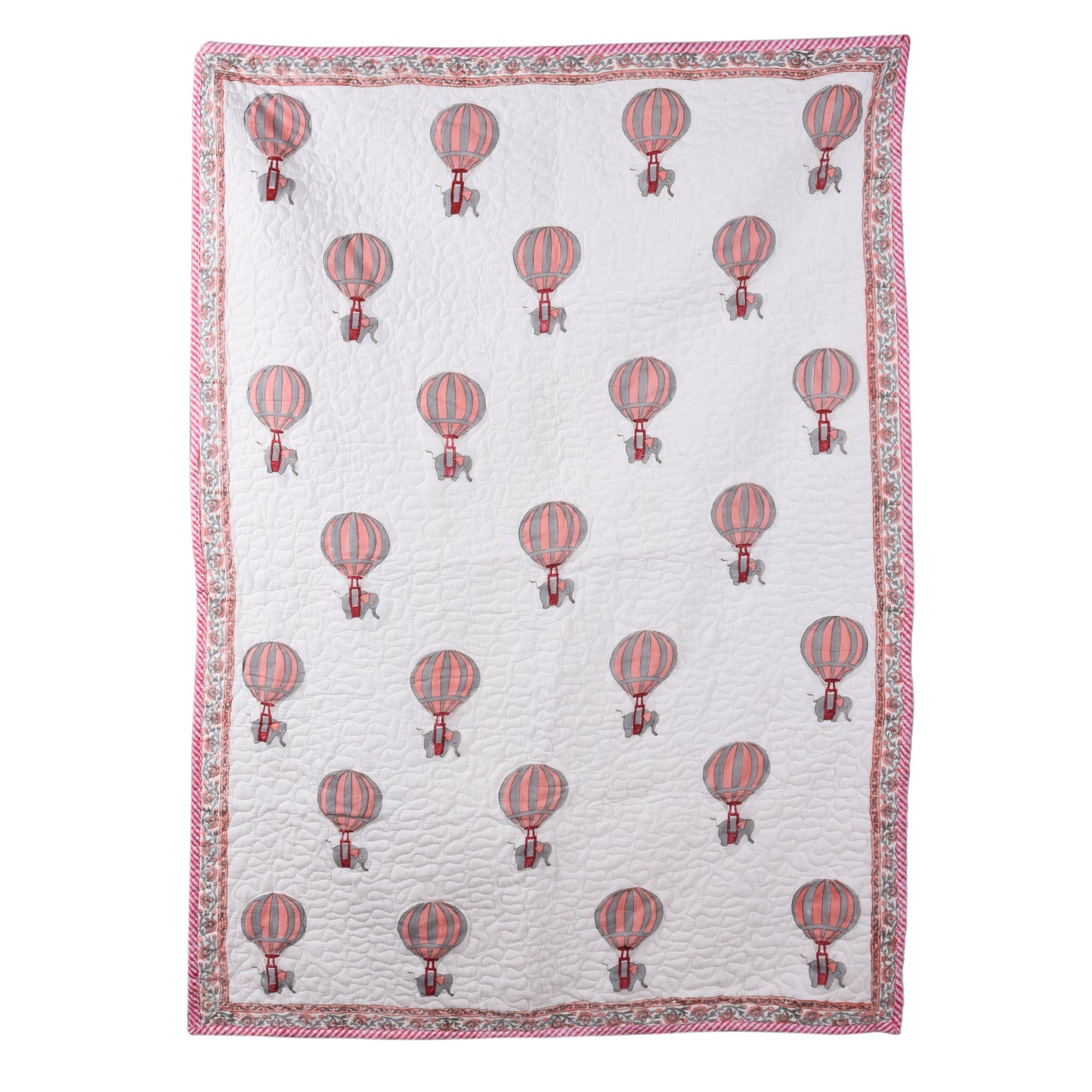 Hand Block Printed Cotton Baby Quilted Blanket (Light Rajai) – Quilted, 60x40 inches (100x150 cm) Peach pink Baloon