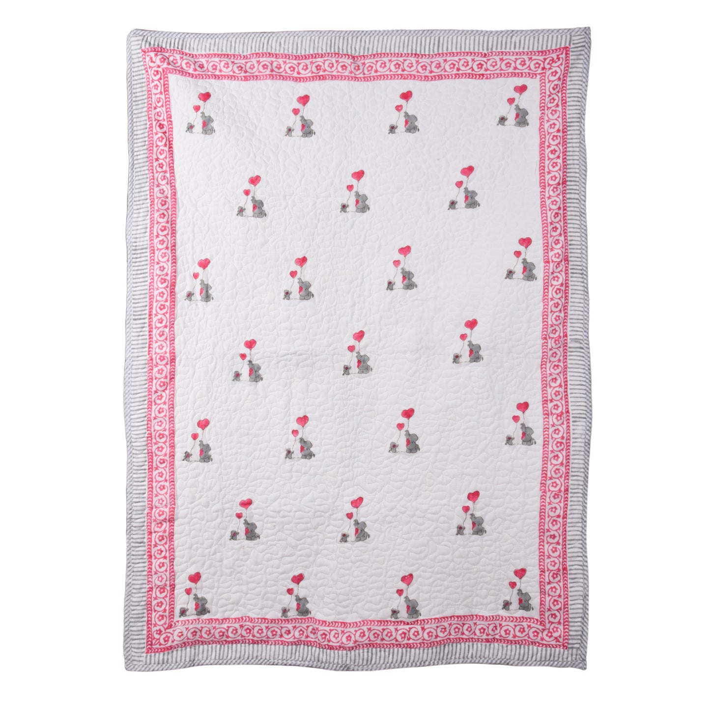 Hand Block Printed Cotton Baby Quilted blanket (Light Rajai) – Quilted, 60x40 inches (100x150 cm) Pink Grey Baby Elephant