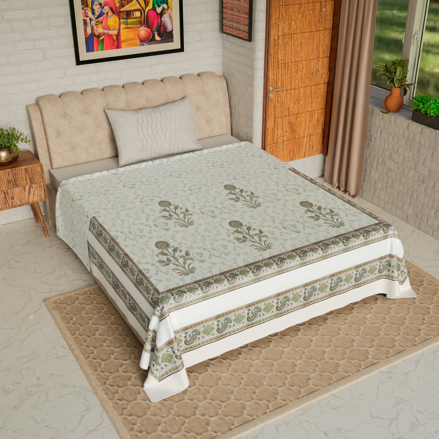 Cotton Blanket - Single Dohar ( 60 x 90 Inches) Brown Green Plant