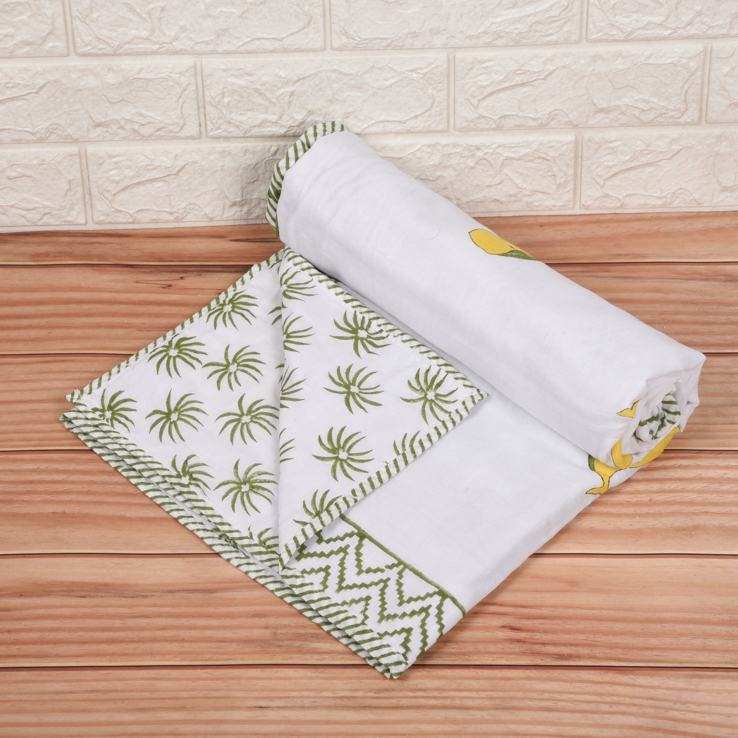 Hand Block Printed Cotton Baby dohar blanket, 60x40 inches (100x150 cm) Green Yellow Dolphin