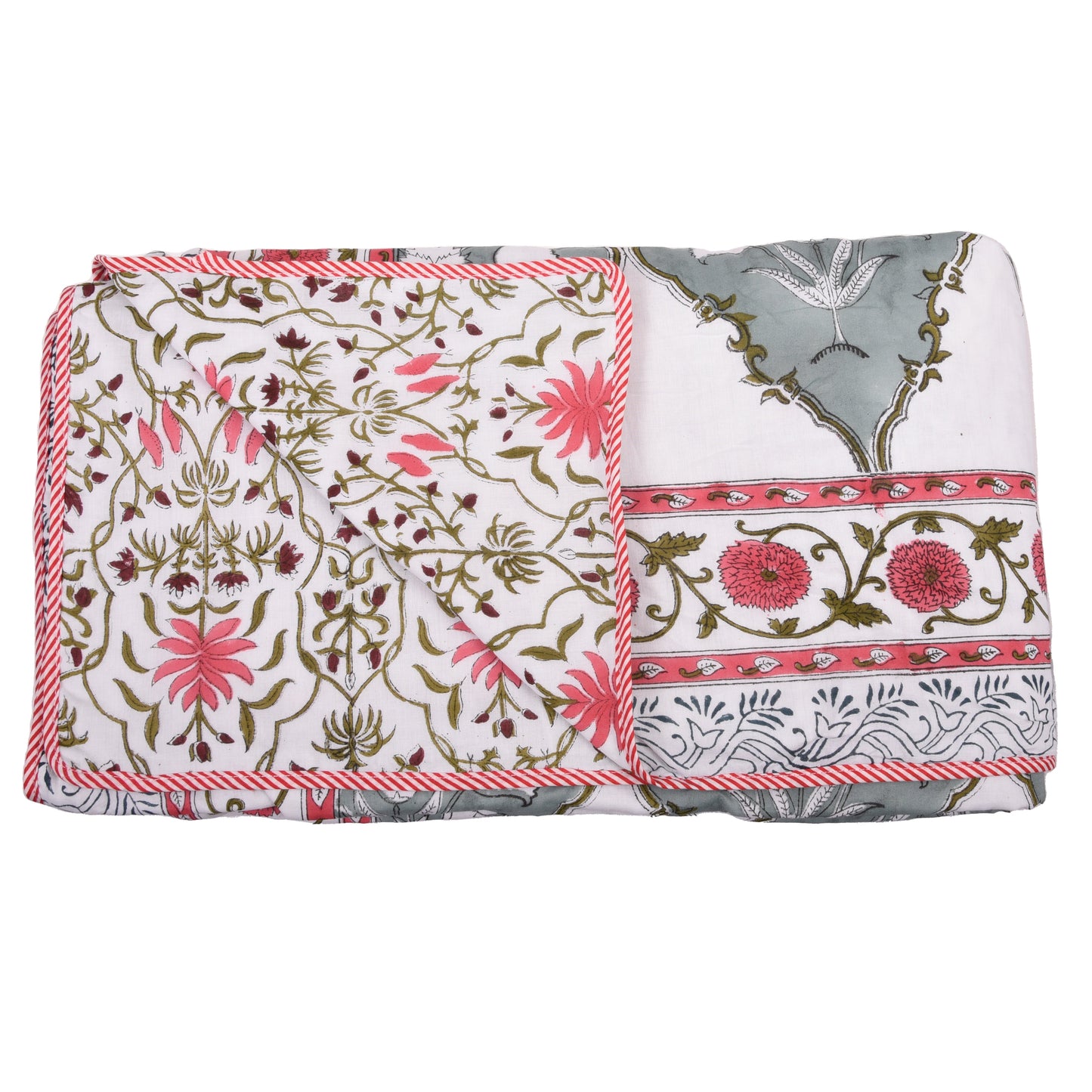 Cotton Blanket - Single Dohar ( 60 x 90 Inches) Grey Red Floral