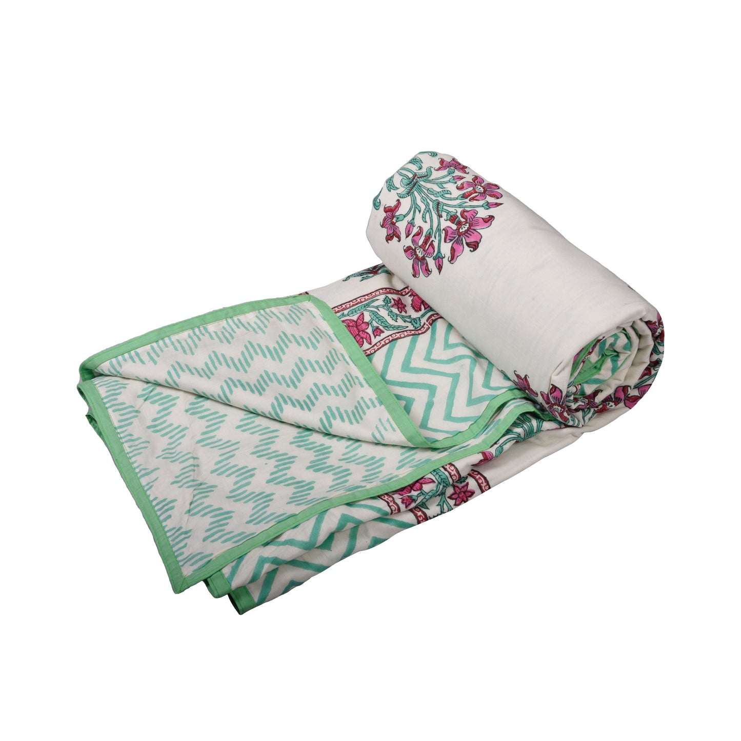 Cotton Blanket - Single Dohar ( 60 x 90 Inches) Green Pink Plant
