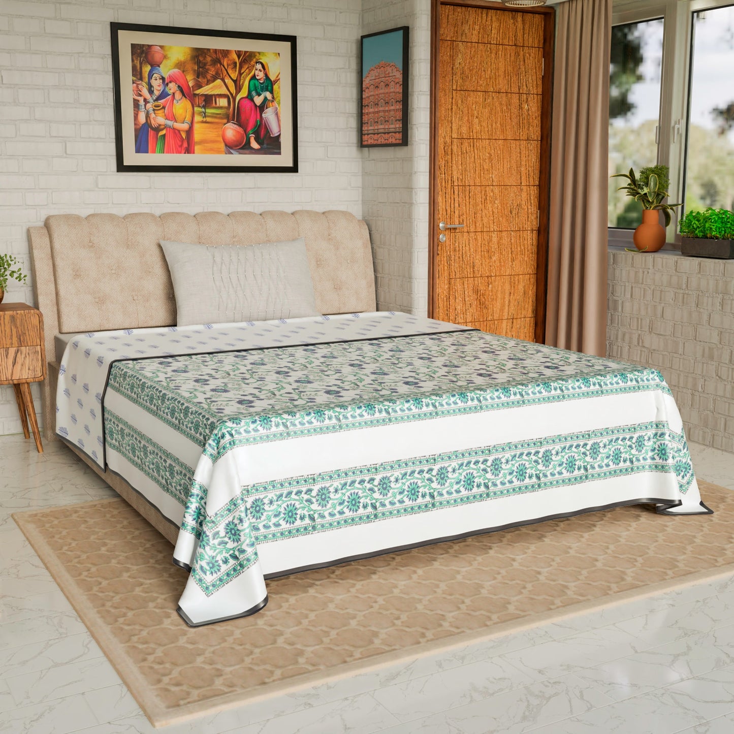 Cotton Blanket - Single Dohar ( 60 x 90 Inches) Blue Green Floral-N