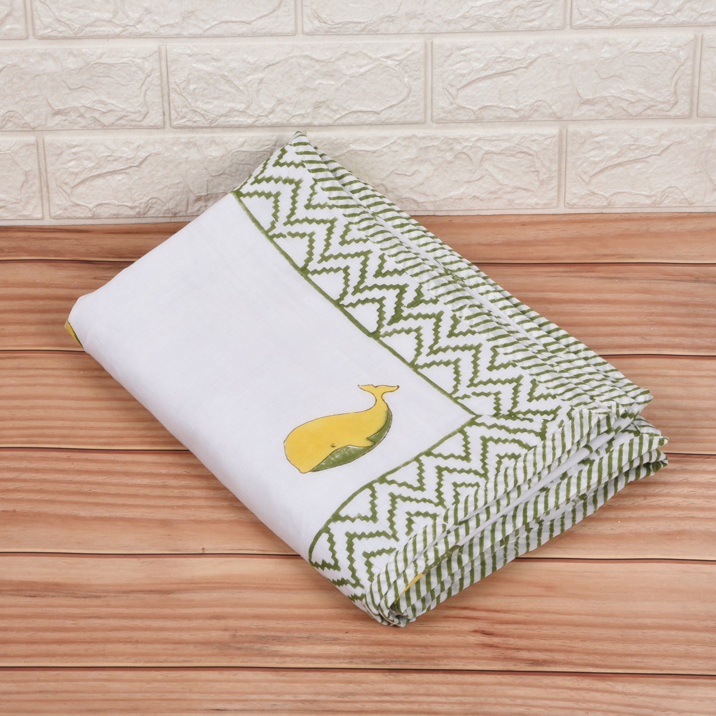 Hand Block Printed Cotton Baby dohar blanket, 60x40 inches (100x150 cm) Green Yellow Dolphin