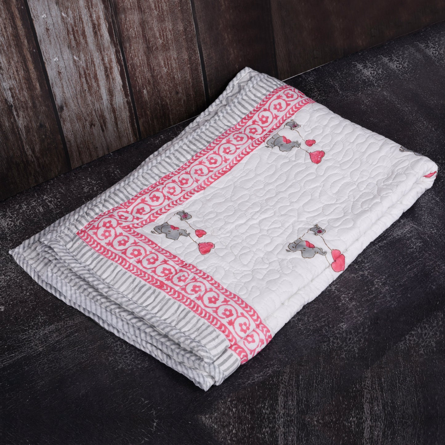 Hand Block Printed Cotton Baby Quilted blanket (Light Rajai) – Quilted, 60x40 inches (100x150 cm) Pink Grey Baby Elephant
