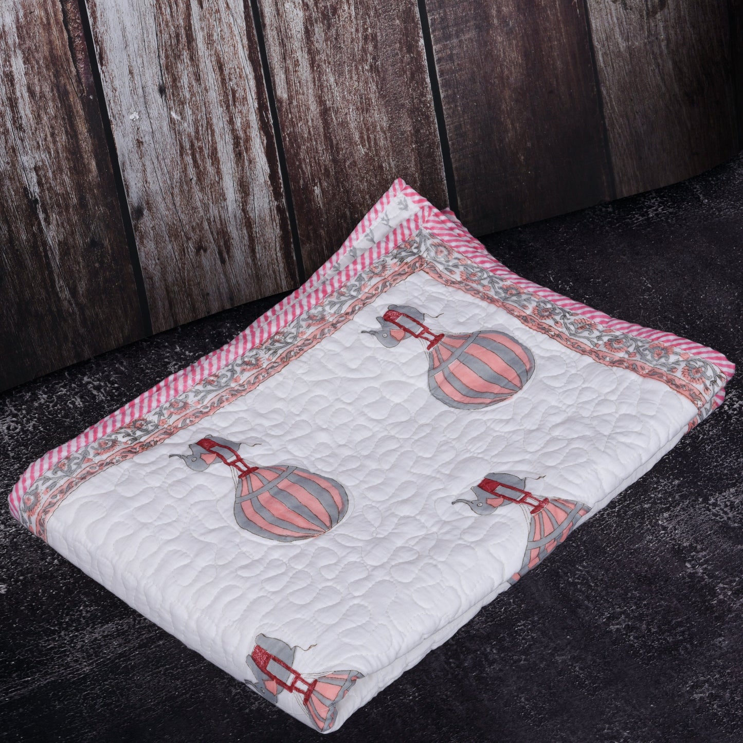 Hand Block Printed Cotton Baby Quilted Blanket (Light Rajai) – Quilted, 60x40 inches (100x150 cm) Peach pink Baloon