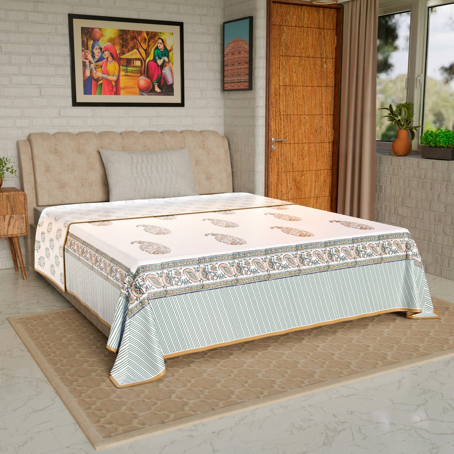 Cotton Blanket - Single Dohar ( 60 x 90 Inches) Mustard Green Paisley