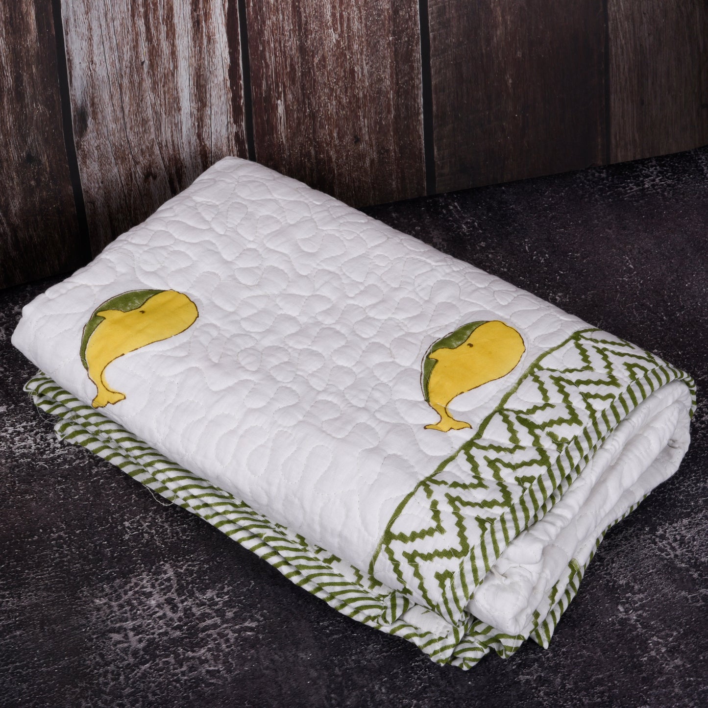 Hand Block Printed Cotton Baby Quilted blanket (light Rajai) – Quilted, 60x40 inches (100x150 cm) Green Yellow Dolphin