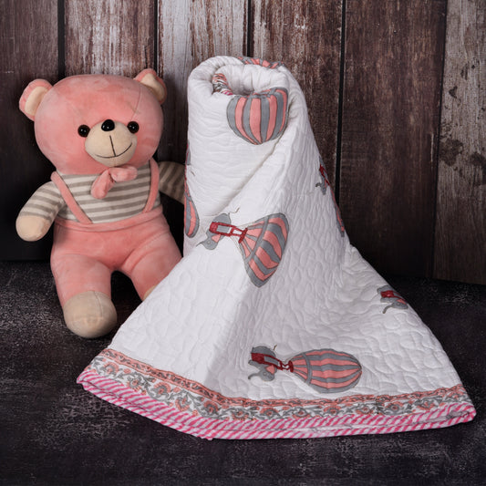 Hand Block Printed Cotton Baby Quilted Blanket (Light Rajai) – Quilted, 60x40 inches (100x150 cm) Peach pink Baloon