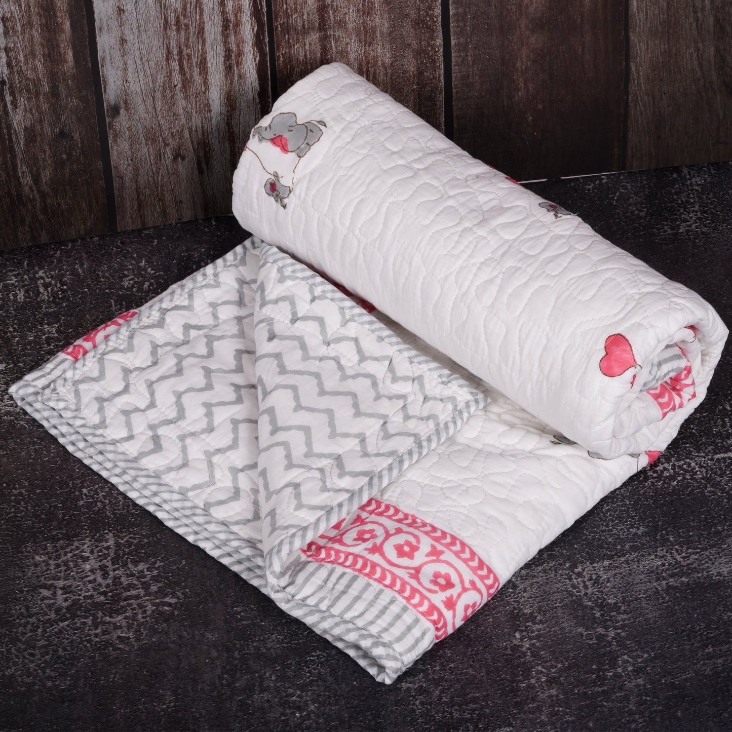 Hand Block Printed Cotton Baby Quilted blanket (Light Rajai) – Quilted, 60x40 inches (100x150 cm) Pink Grey Baby Elephant