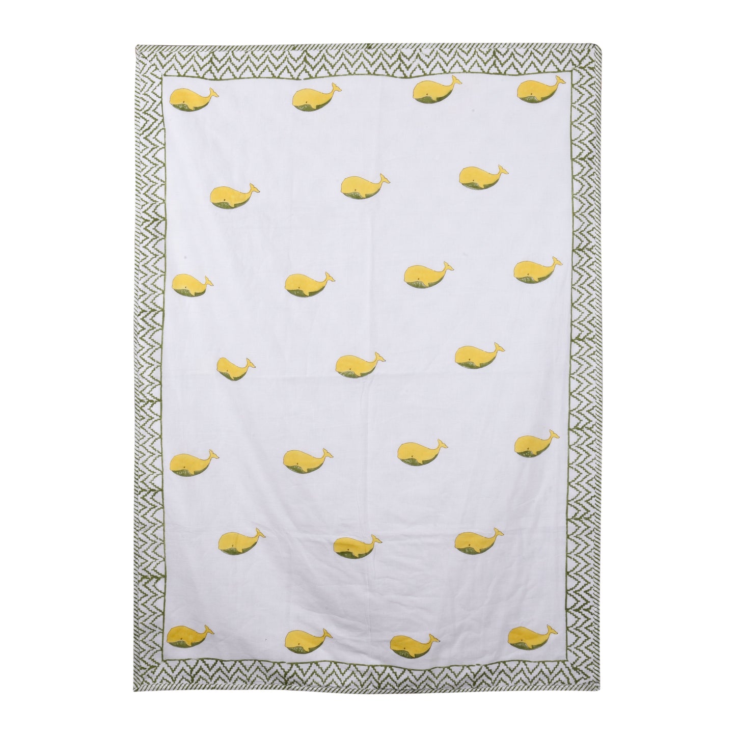 Hand Block Printed Cotton Baby dohar blanket, 60x40 inches (100x150 cm) Green Yellow Dolphin