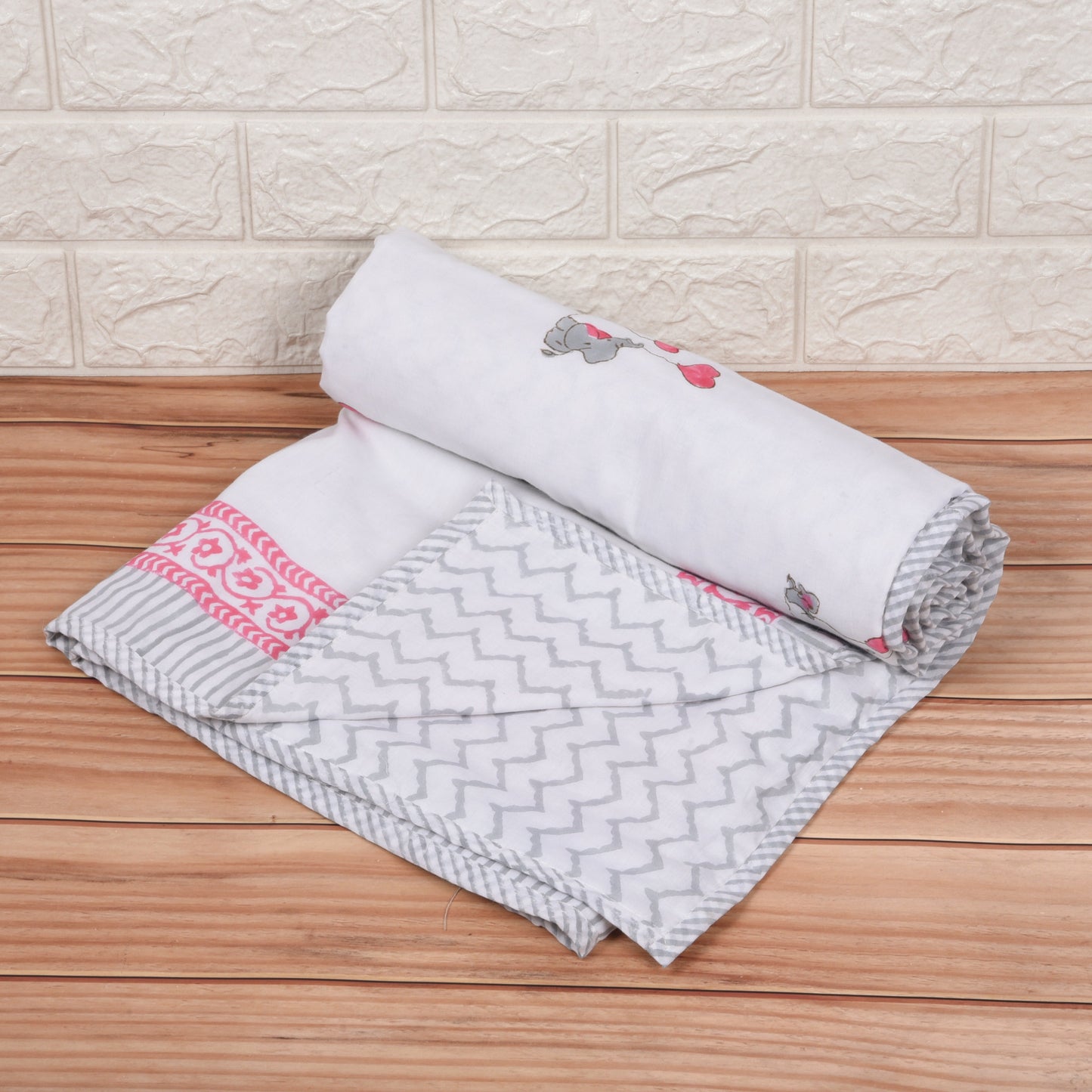 Hand Block Printed Cotton Baby dohar blanket, 60x40 inches (100x150 cm) (Pink Grey Baby Elephant)