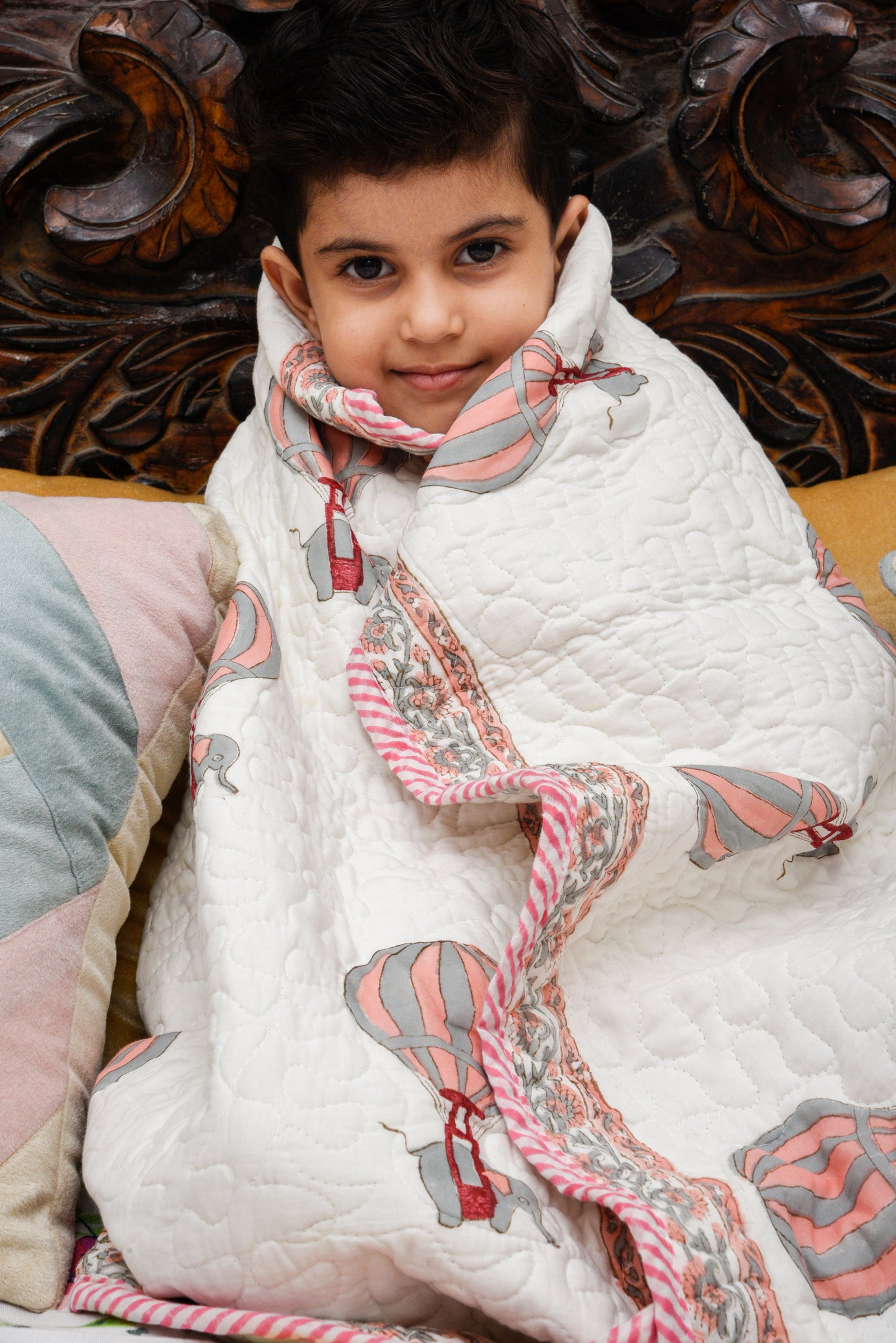 Hand Block Printed Cotton Baby Quilted Blanket (Light Rajai) – Quilted, 60x40 inches (100x150 cm) Peach pink Baloon