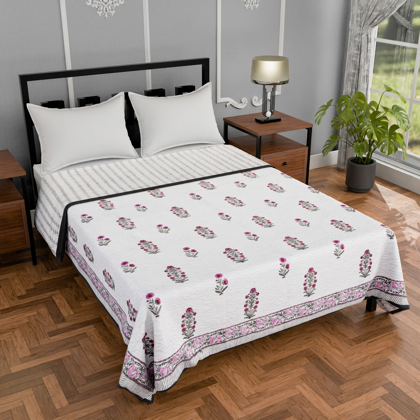 Double bed pure cotton quilted lightweight hand printed blanket (Duvet / comforter 90 x 108 Inches)