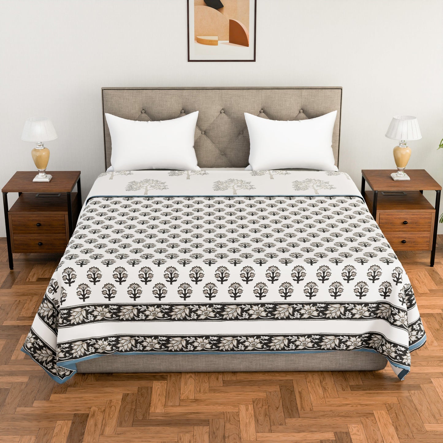 Block Printed Cotton Blanket - Double Dohar ( 90 x 108 Inches) - Grey Tree