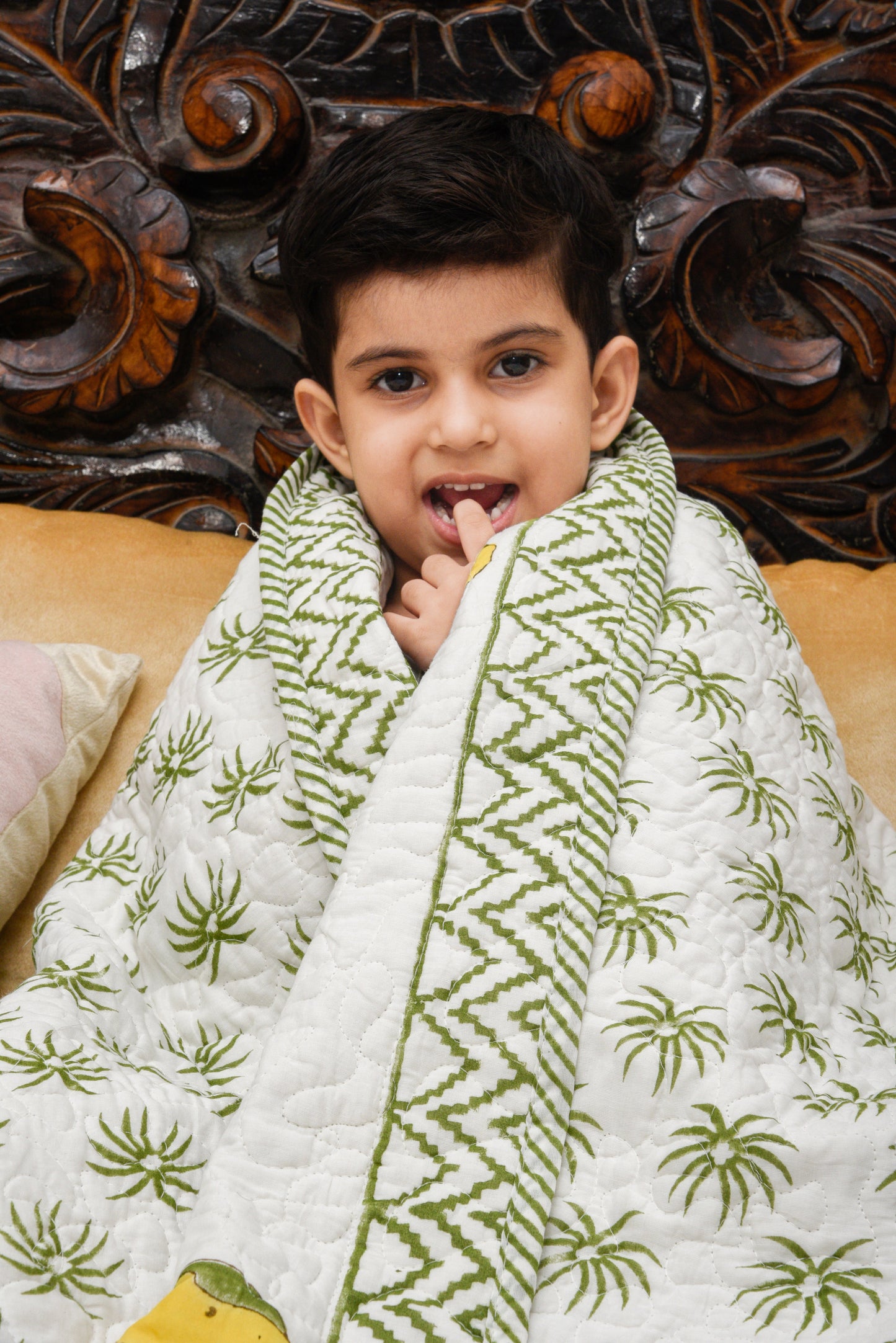 Hand Block Printed Cotton Baby Quilted blanket (light Rajai) – Quilted, 60x40 inches (100x150 cm) Green Yellow Dolphin