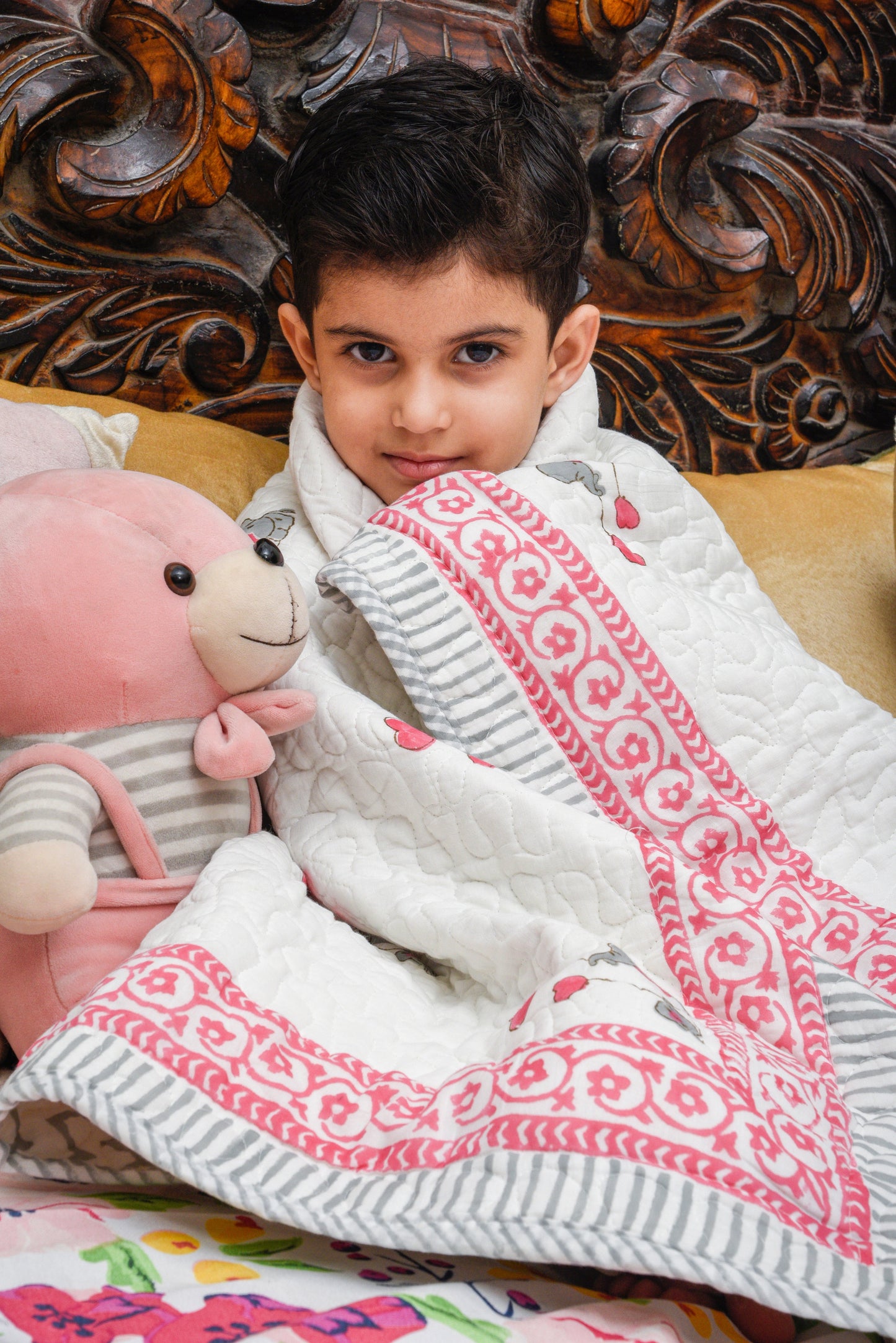 Hand Block Printed Cotton Baby Quilted blanket (Light Rajai) – Quilted, 60x40 inches (100x150 cm) Pink Grey Baby Elephant