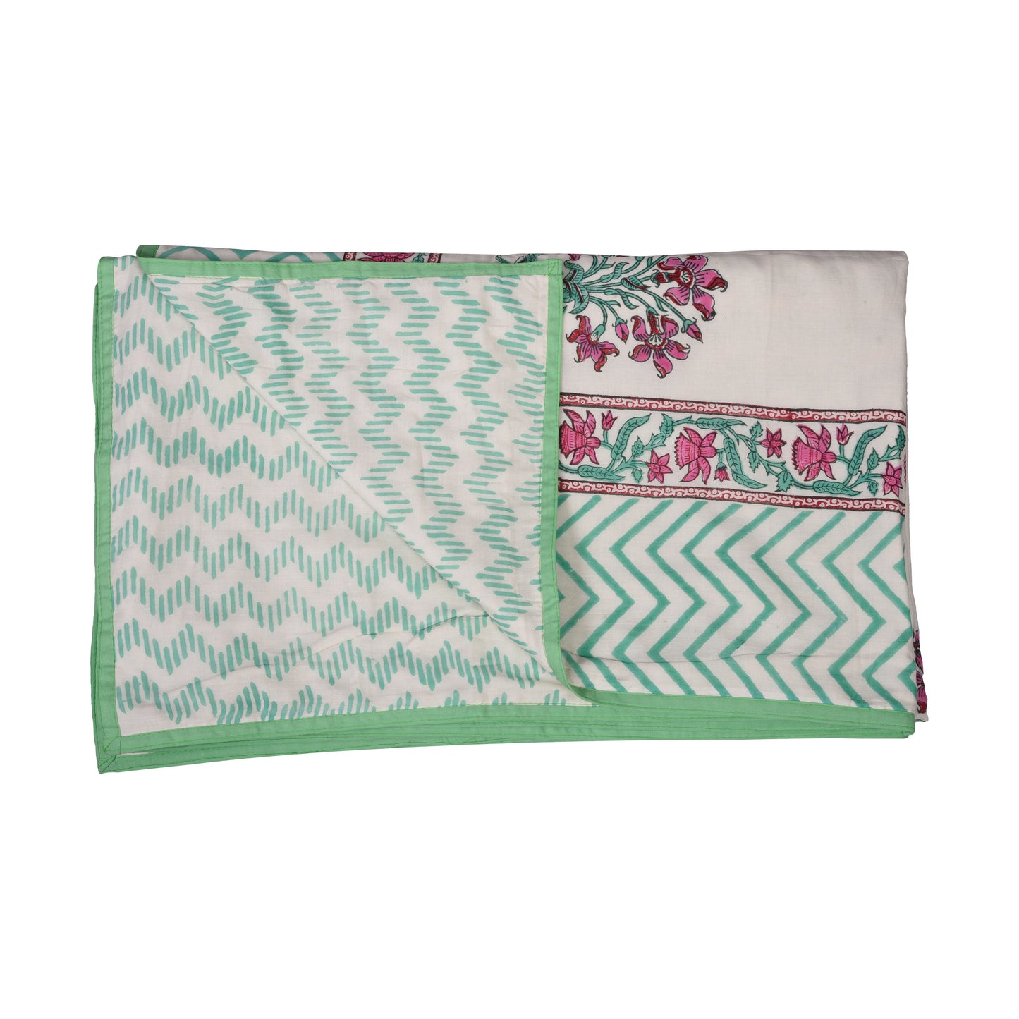 Cotton Blanket - Single Dohar ( 60 x 90 Inches) Green Pink Plant